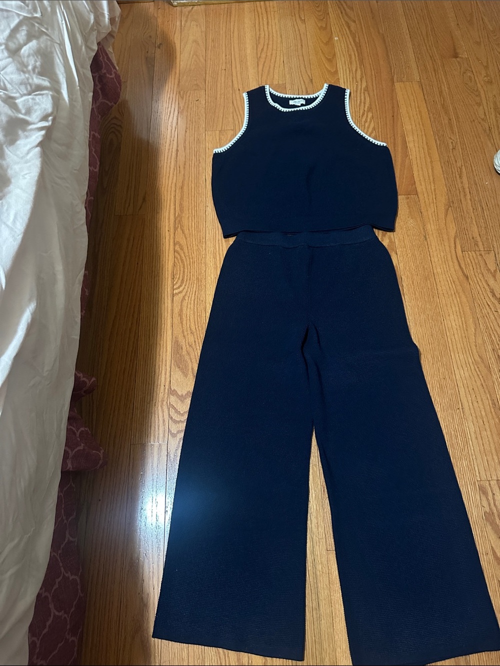 Navy Wide-Leg Knit Pants with Matching Cropped Tank Set